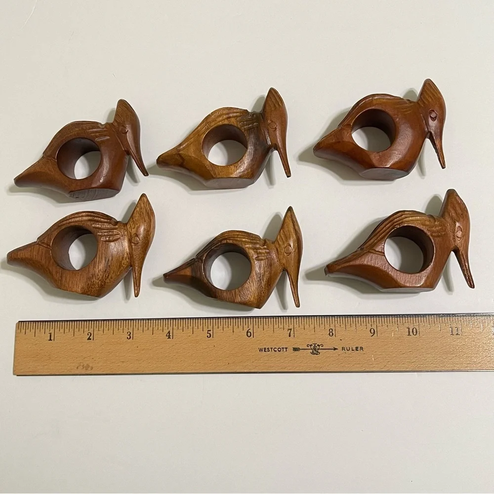 Woodpecker Bird Napkin Rings Hand Carved Wood Rustic Farmhouse Cabin Set of 6